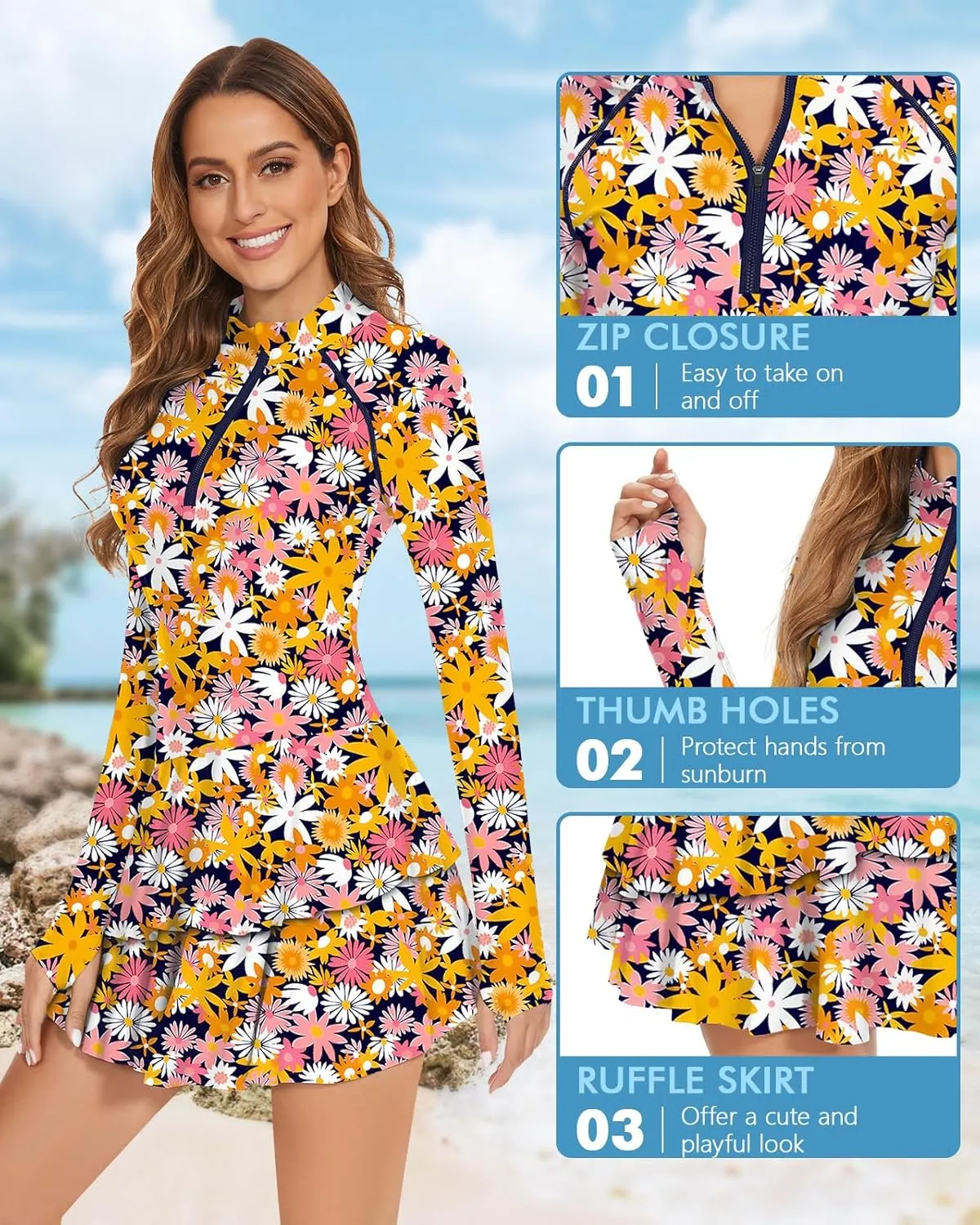 WOWENY 2 Piece Long Sleeve Rash Guard Set Long Sleeve Swimsuit with Built-in Bra Zip Front Swim Shirt Dress with Shorts