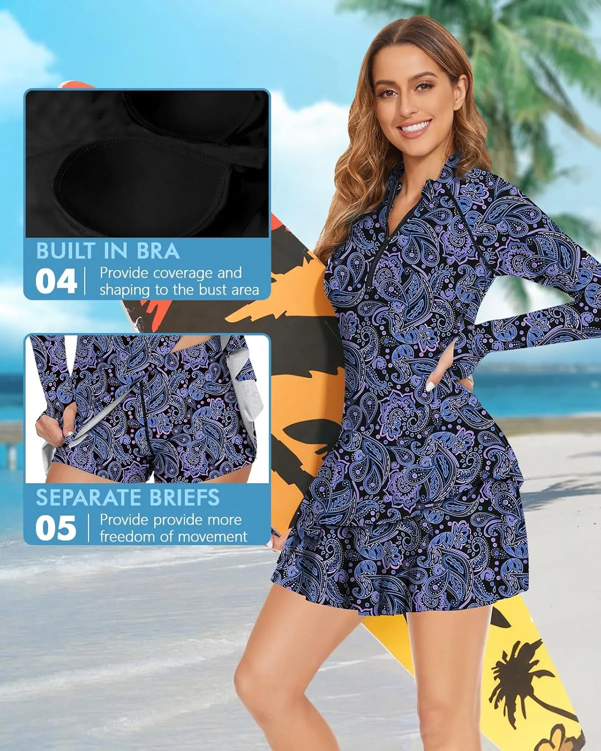 WOWENY 2 Piece Long Sleeve Rash Guard Set Long Sleeve Swimsuit with Built-in Bra Zip Front Swim Shirt Dress with Shorts