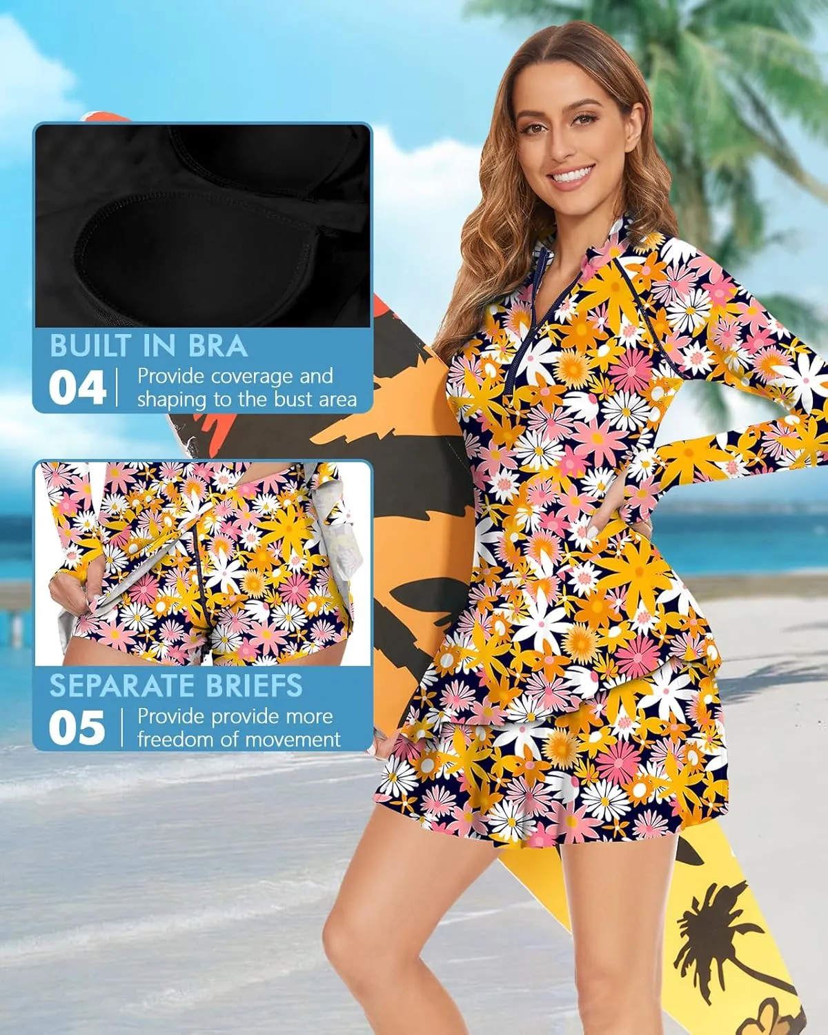 WOWENY 2 Piece Long Sleeve Rash Guard Set Long Sleeve Swimsuit with Built-in Bra Zip Front Swim Shirt Dress with Shorts