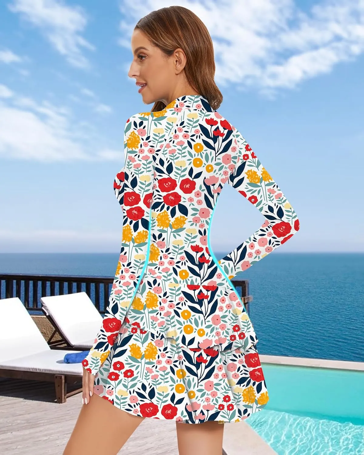 WOWENY 2 Piece Long Sleeve Rash Guard Set Long Sleeve Swimsuit with Built-in Bra Zip Front Swim Shirt Dress with Shorts