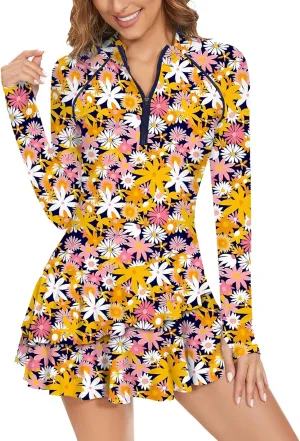 WOWENY 2 Piece Long Sleeve Rash Guard Set Long Sleeve Swimsuit with Built-in Bra Zip Front Swim Shirt Dress with Shorts