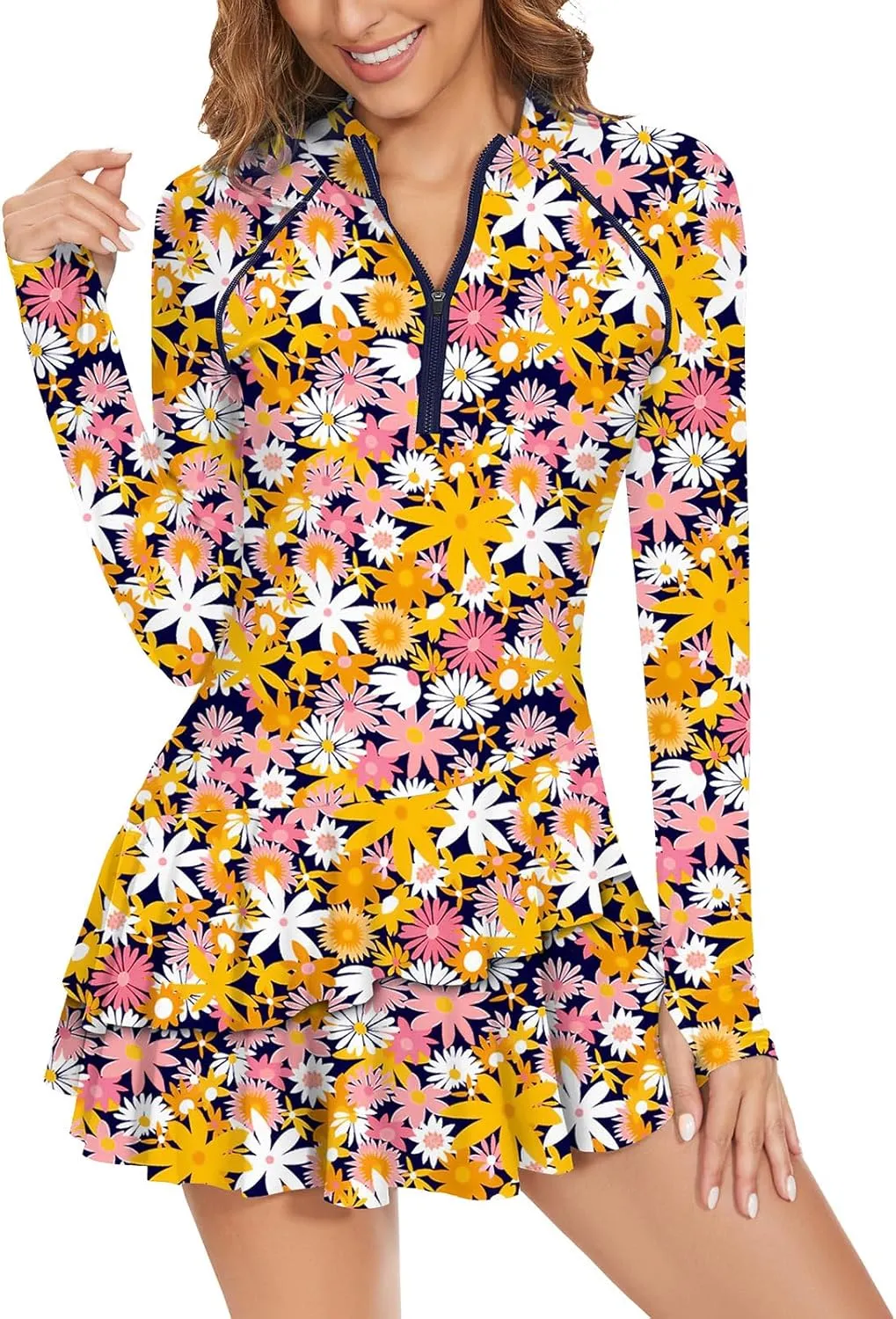 WOWENY 2 Piece Long Sleeve Rash Guard Set Long Sleeve Swimsuit with Built-in Bra Zip Front Swim Shirt Dress with Shorts