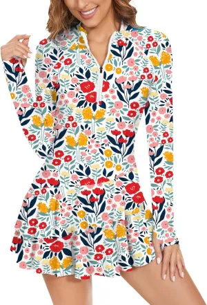 WOWENY 2 Piece Long Sleeve Rash Guard Set Long Sleeve Swimsuit with Built-in Bra Zip Front Swim Shirt Dress with Shorts
