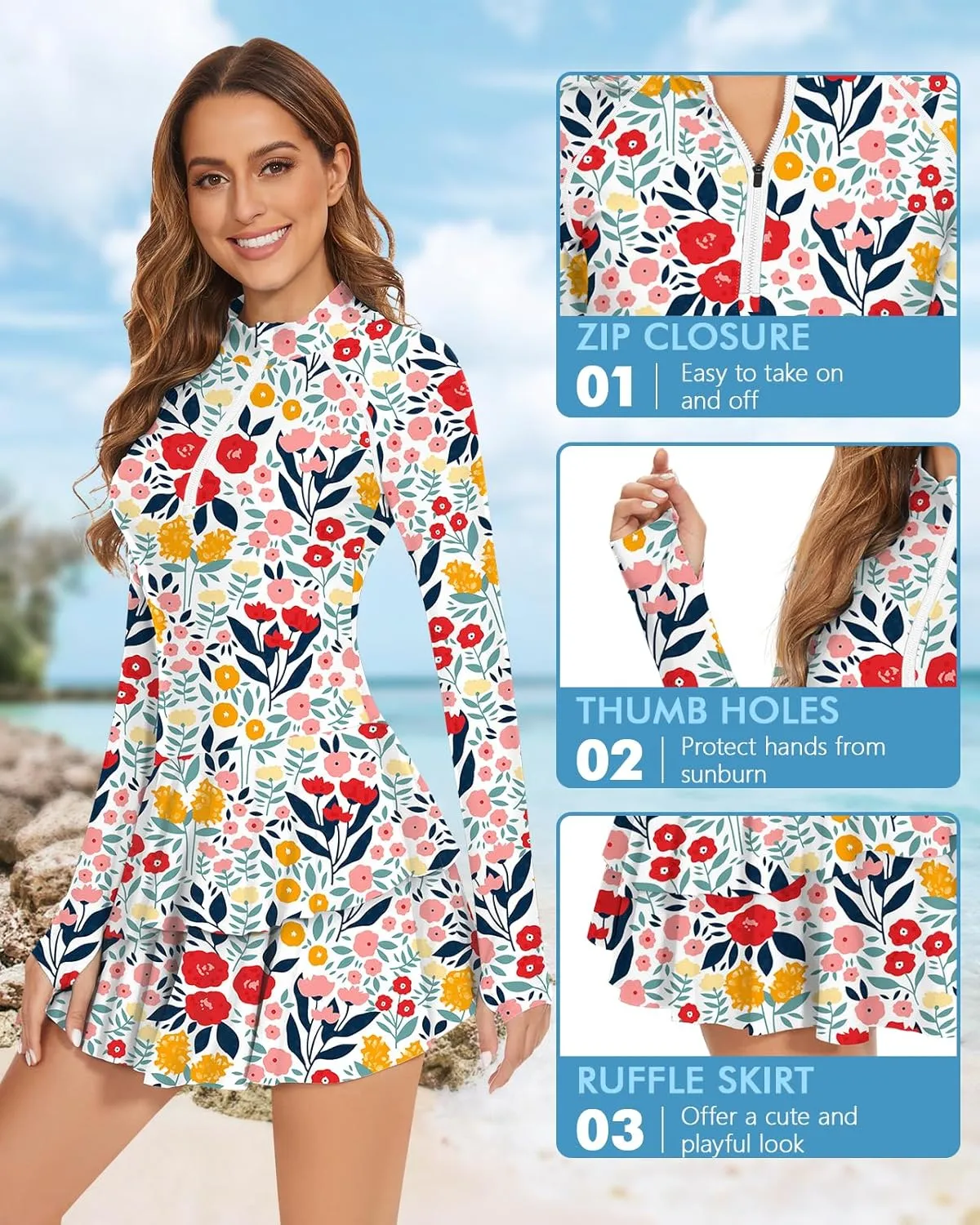 WOWENY 2 Piece Long Sleeve Rash Guard Set Long Sleeve Swimsuit with Built-in Bra Zip Front Swim Shirt Dress with Shorts
