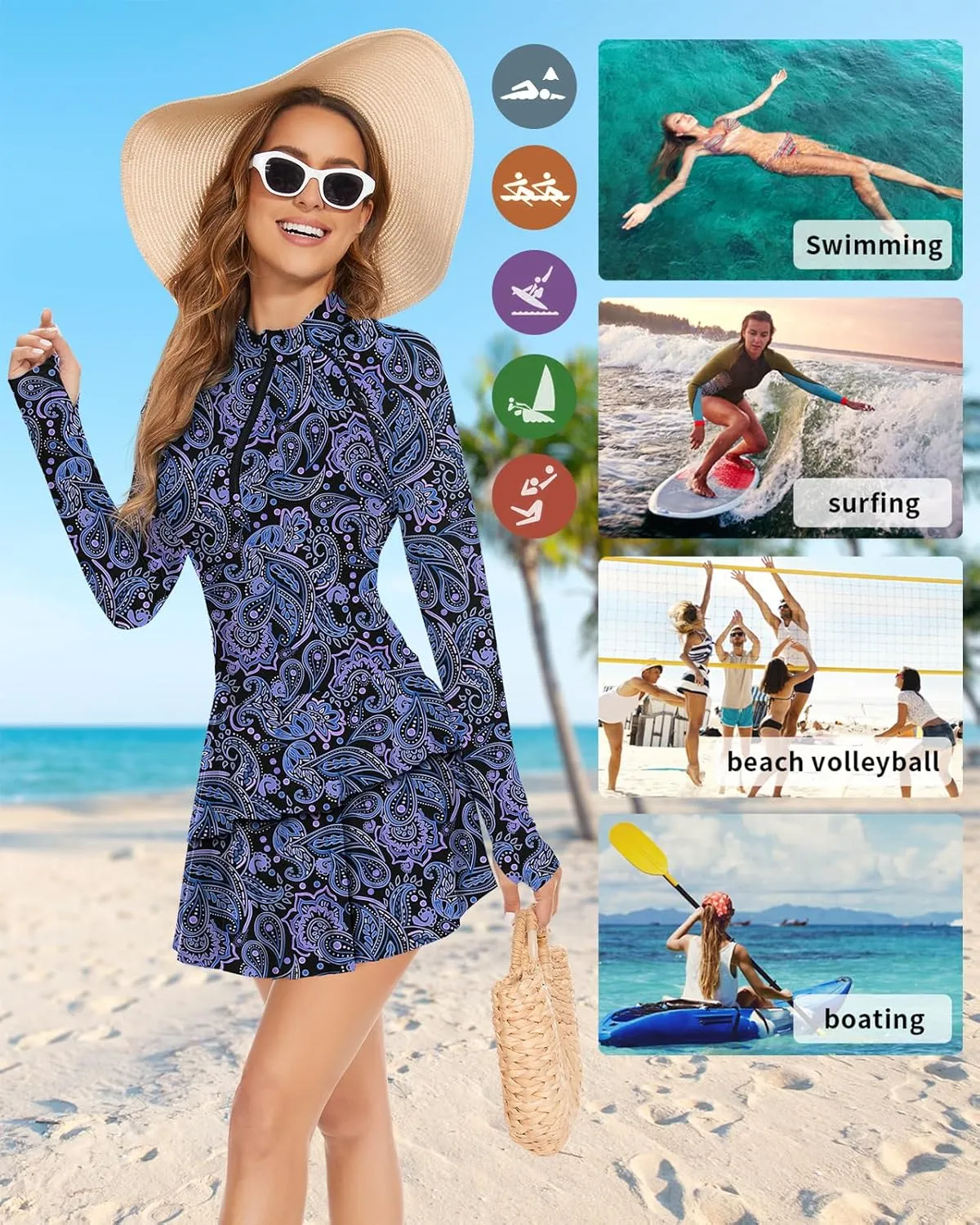 WOWENY 2 Piece Long Sleeve Rash Guard Set Long Sleeve Swimsuit with Built-in Bra Zip Front Swim Shirt Dress with Shorts
