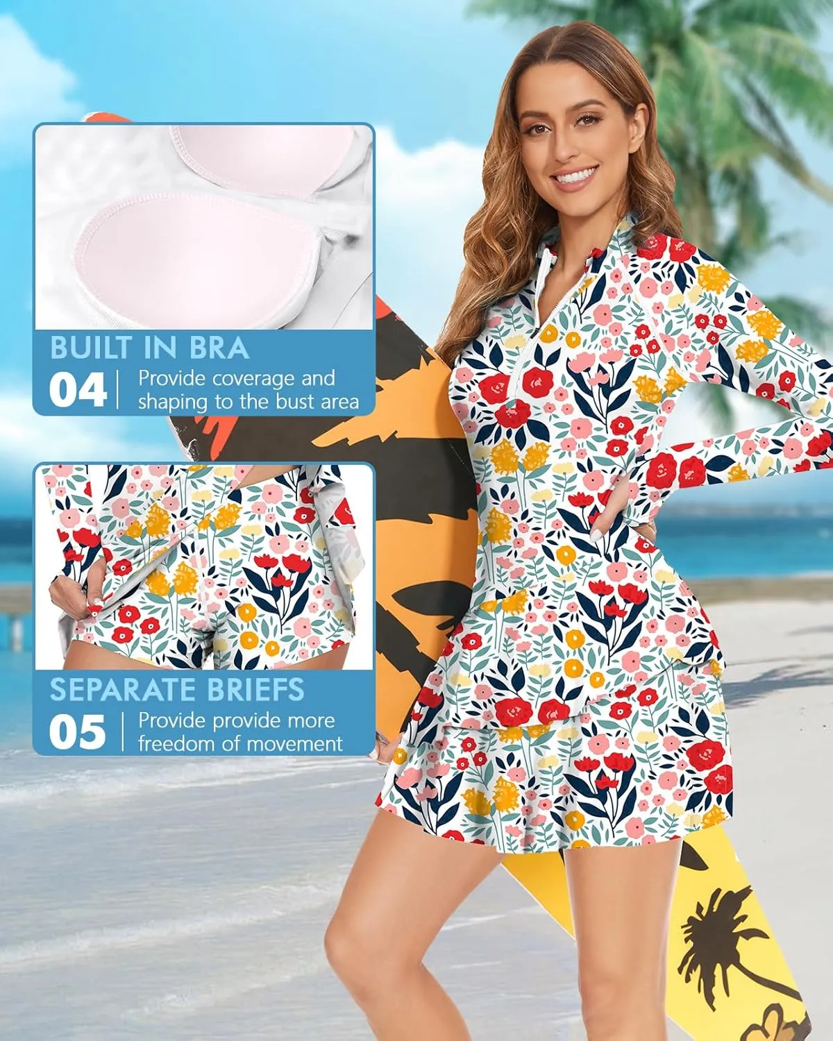 WOWENY 2 Piece Long Sleeve Rash Guard Set Long Sleeve Swimsuit with Built-in Bra Zip Front Swim Shirt Dress with Shorts