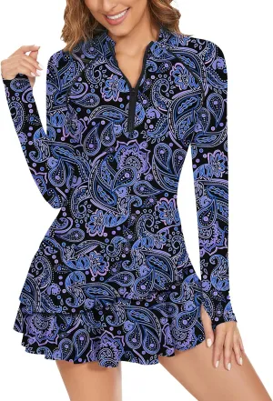 WOWENY 2 Piece Long Sleeve Rash Guard Set Long Sleeve Swimsuit with Built-in Bra Zip Front Swim Shirt Dress with Shorts