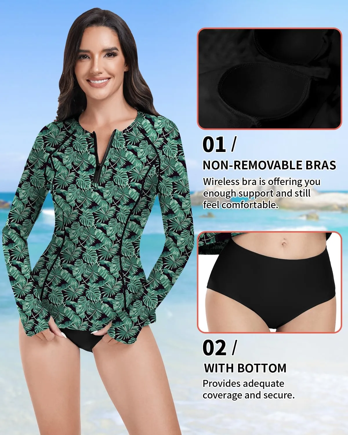 WOWENY 2 Piece Rash Guard Long Sleeve Swimsuits UPF 50  Sun Protection Swim Shirt Set Bathing Suit with Bottom
