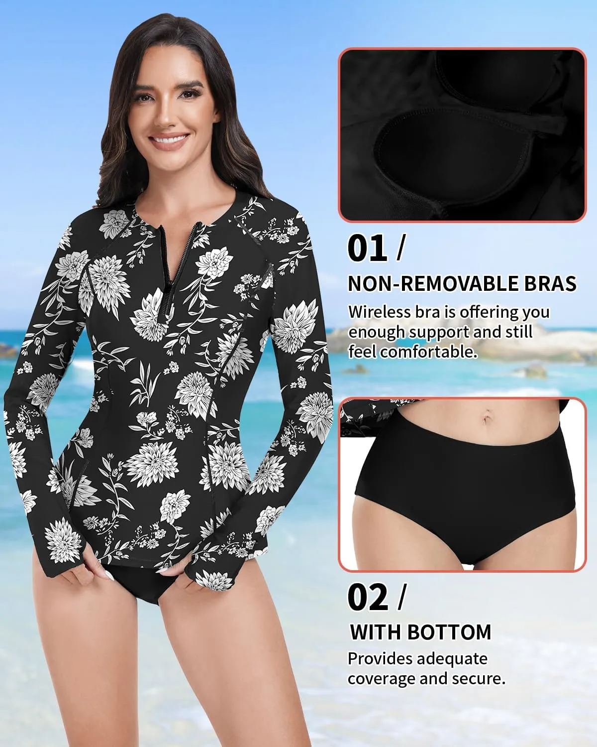 WOWENY 2 Piece Rash Guard Long Sleeve Swimsuits UPF 50  Sun Protection Swim Shirt Set Bathing Suit with Bottom