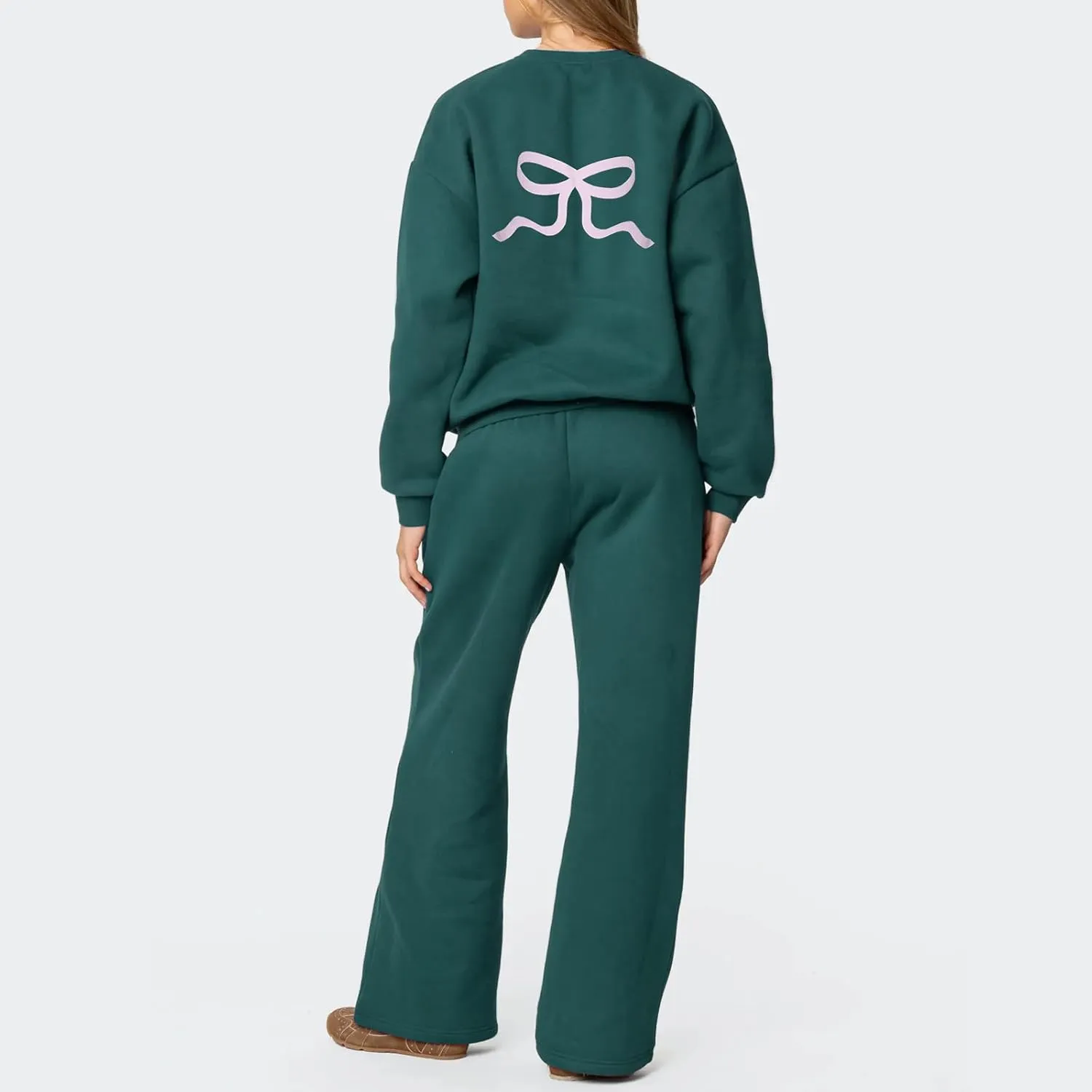 XBTCLXEBCO Bow Print Sweat Set for Women Oversized Sweatshirt and Sweatpants 2 Piece Lounge Set Fall Matching Tracksuit