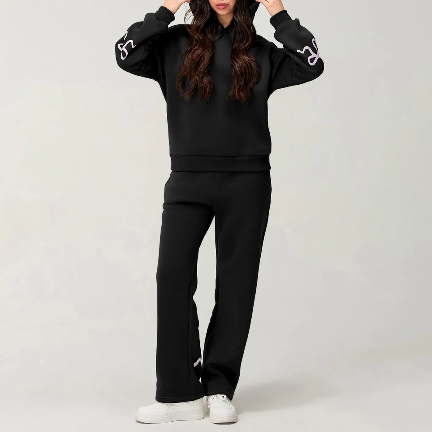 XBTCLXEBCO Bow Print Sweat Set for Women Oversized Sweatshirt and Sweatpants 2 Piece Lounge Set Fall Matching Tracksuit
