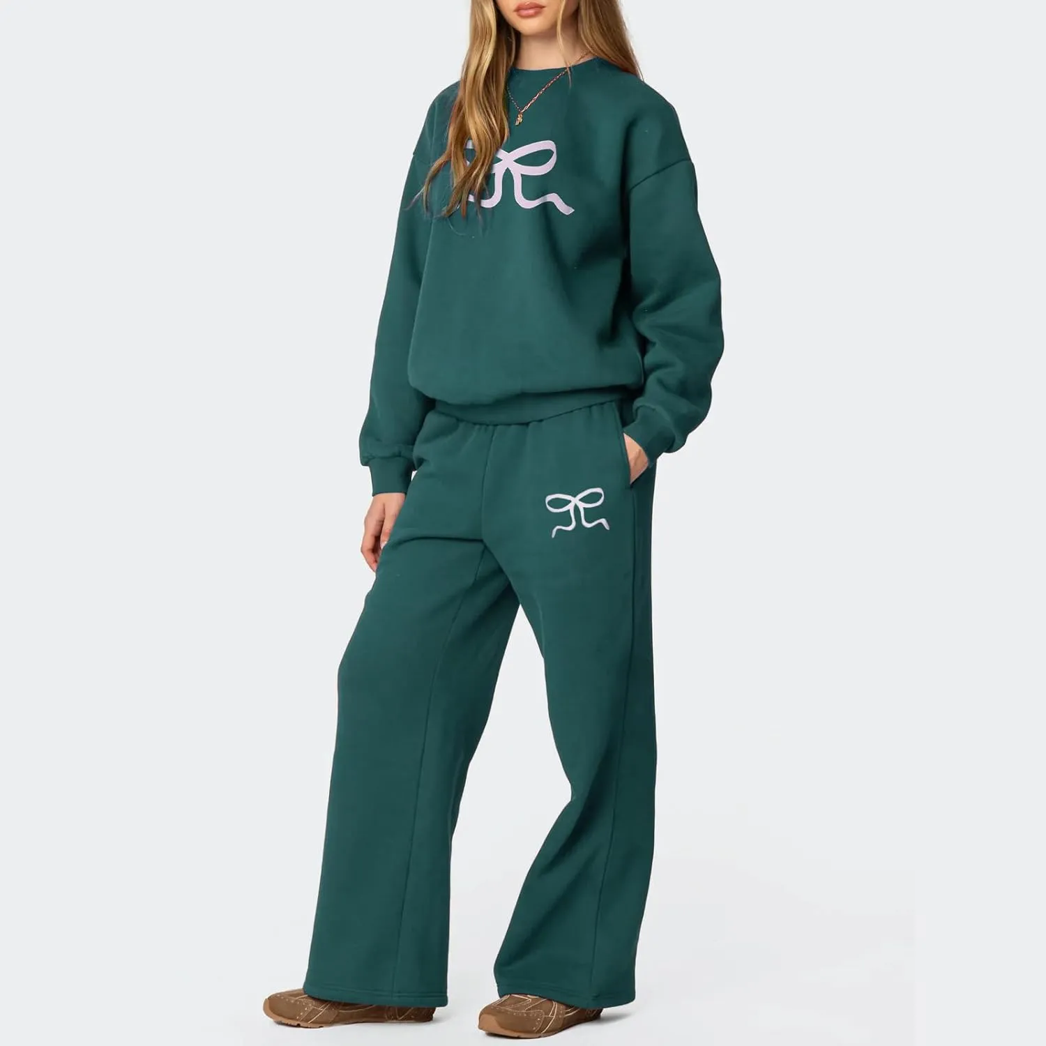 XBTCLXEBCO Bow Print Sweat Set for Women Oversized Sweatshirt and Sweatpants 2 Piece Lounge Set Fall Matching Tracksuit