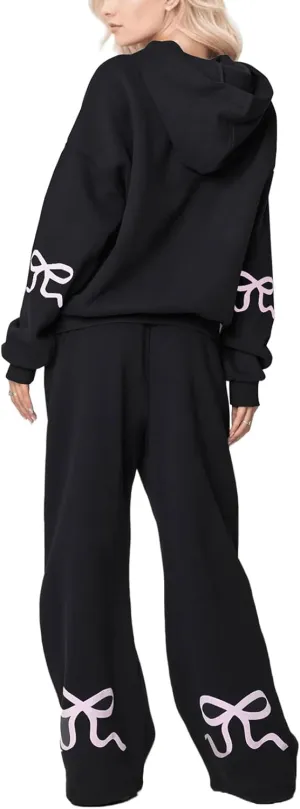 XBTCLXEBCO Bow Print Sweat Set for Women Oversized Sweatshirt and Sweatpants 2 Piece Lounge Set Fall Matching Tracksuit