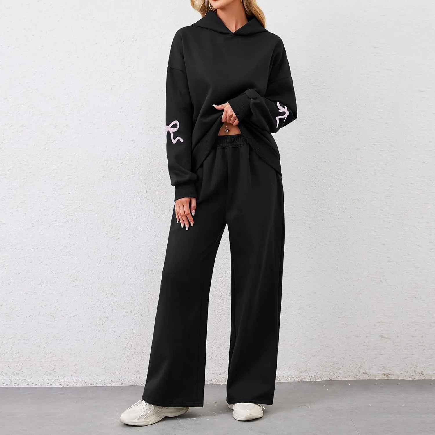 XBTCLXEBCO Bow Print Sweat Set for Women Oversized Sweatshirt and Sweatpants 2 Piece Lounge Set Fall Matching Tracksuit