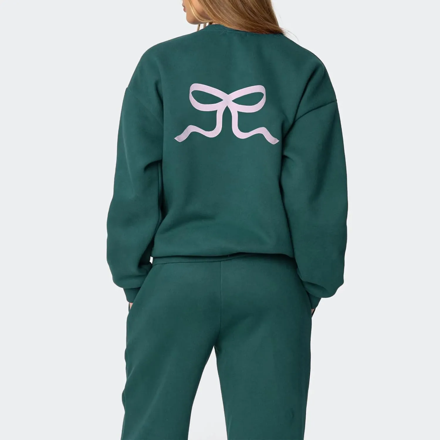 XBTCLXEBCO Bow Print Sweat Set for Women Oversized Sweatshirt and Sweatpants 2 Piece Lounge Set Fall Matching Tracksuit
