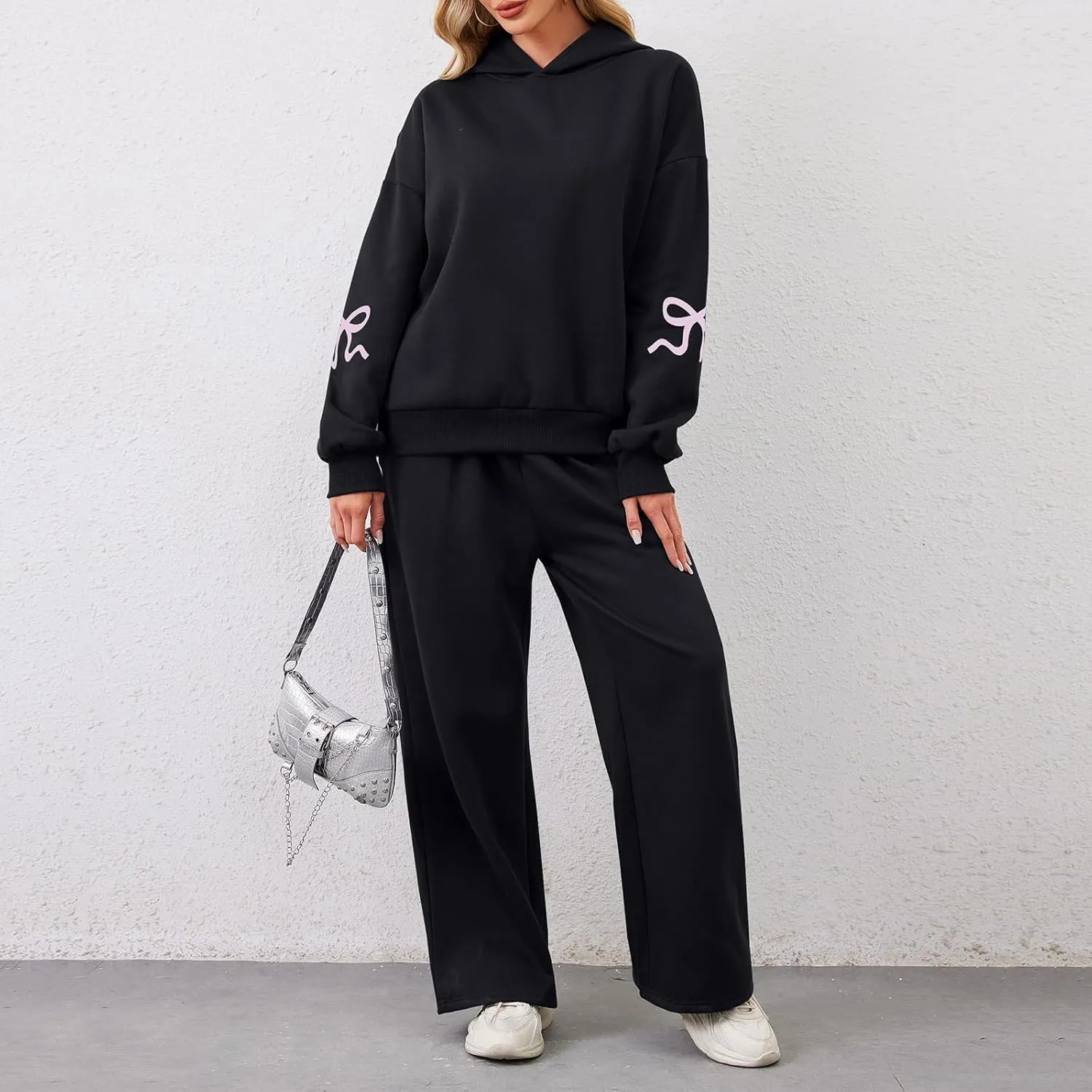 XBTCLXEBCO Bow Print Sweat Set for Women Oversized Sweatshirt and Sweatpants 2 Piece Lounge Set Fall Matching Tracksuit