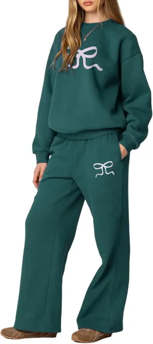 XBTCLXEBCO Bow Print Sweat Set for Women Oversized Sweatshirt and Sweatpants 2 Piece Lounge Set Fall Matching Tracksuit