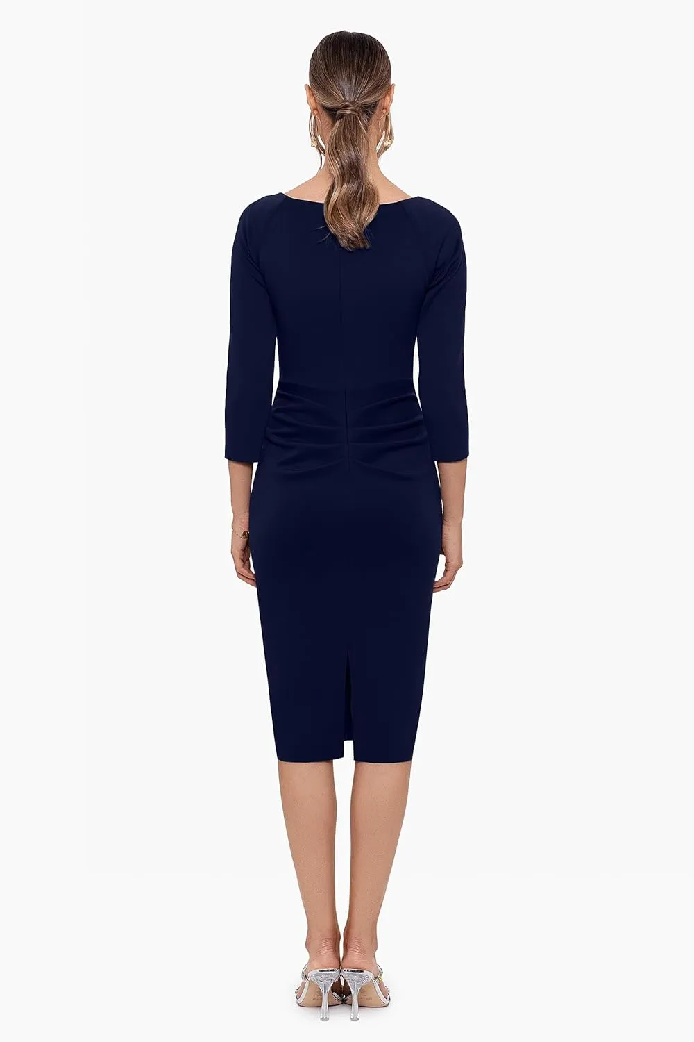 Xscape Women's 3/4 Sleeve V-Neck Side Ruched Midi Dress (Reg and Petite)