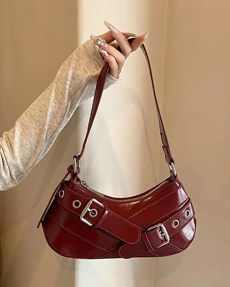 Y2K Purse for Women Buckle Punk Shoulder Bag Vegan Leather Crescent Clutch Red Purses 2025 Vintage Underarm Purse