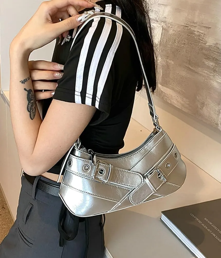 Y2K Purse for Women Buckle Punk Shoulder Bag Vegan Leather Crescent Clutch Red Purses 2025 Vintage Underarm Purse