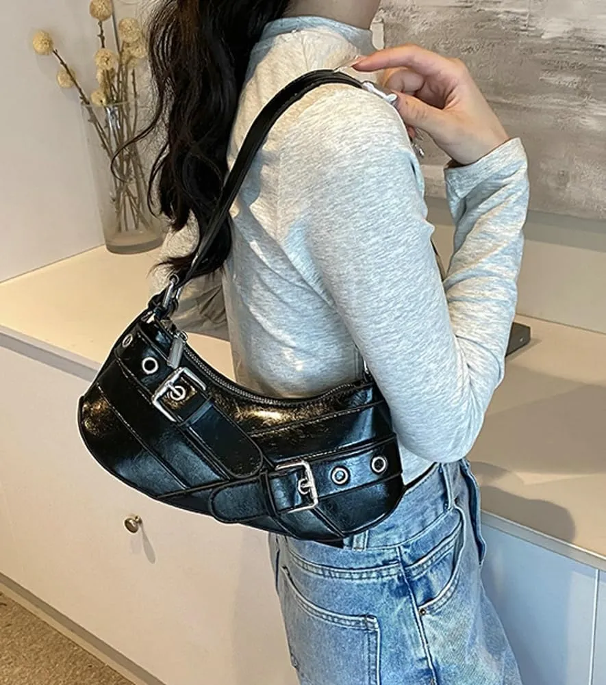 Y2K Purse for Women Buckle Punk Shoulder Bag Vegan Leather Crescent Clutch Red Purses 2025 Vintage Underarm Purse