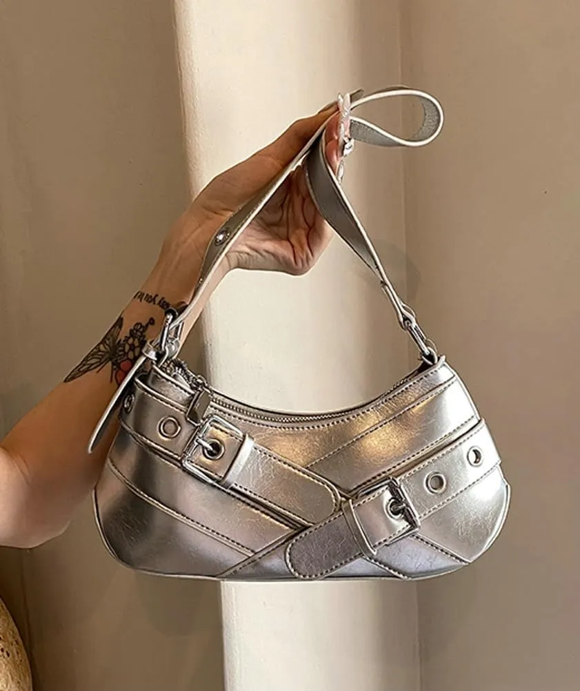 Y2K Purse for Women Buckle Punk Shoulder Bag Vegan Leather Crescent Clutch Red Purses 2025 Vintage Underarm Purse