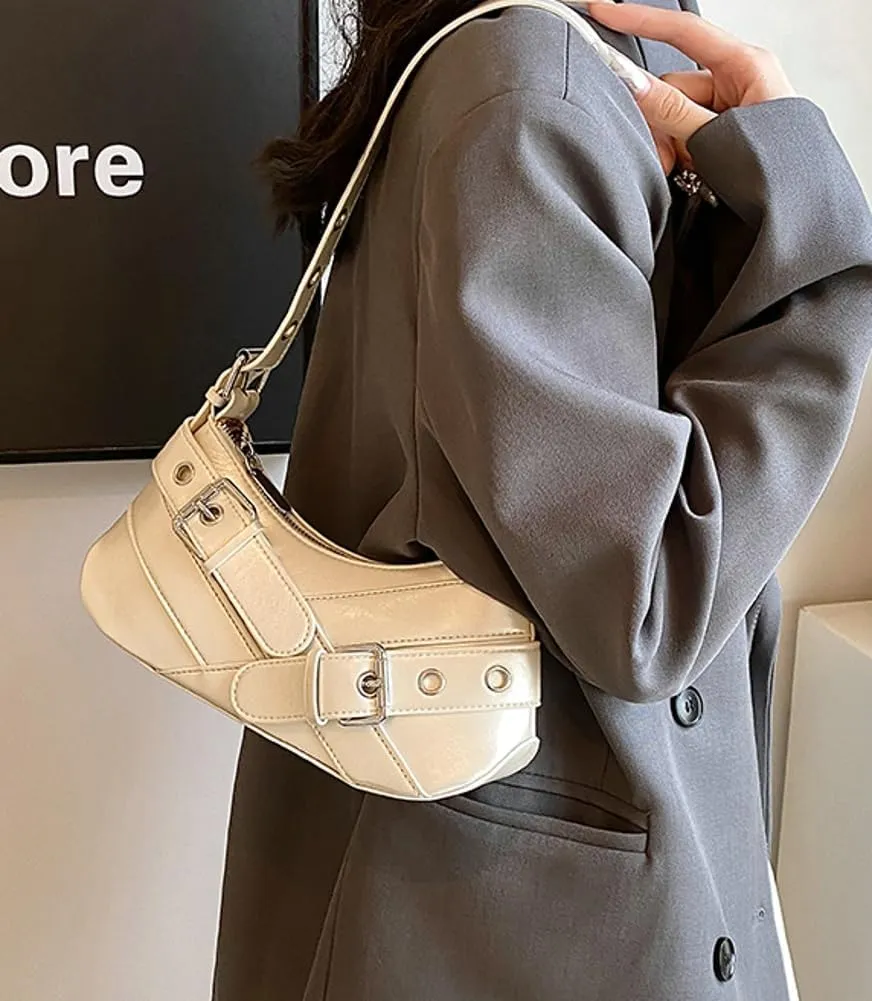 Y2K Purse for Women Buckle Punk Shoulder Bag Vegan Leather Crescent Clutch Red Purses 2025 Vintage Underarm Purse