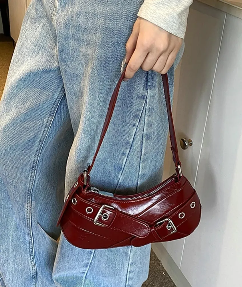 Y2K Purse for Women Buckle Punk Shoulder Bag Vegan Leather Crescent Clutch Red Purses 2025 Vintage Underarm Purse