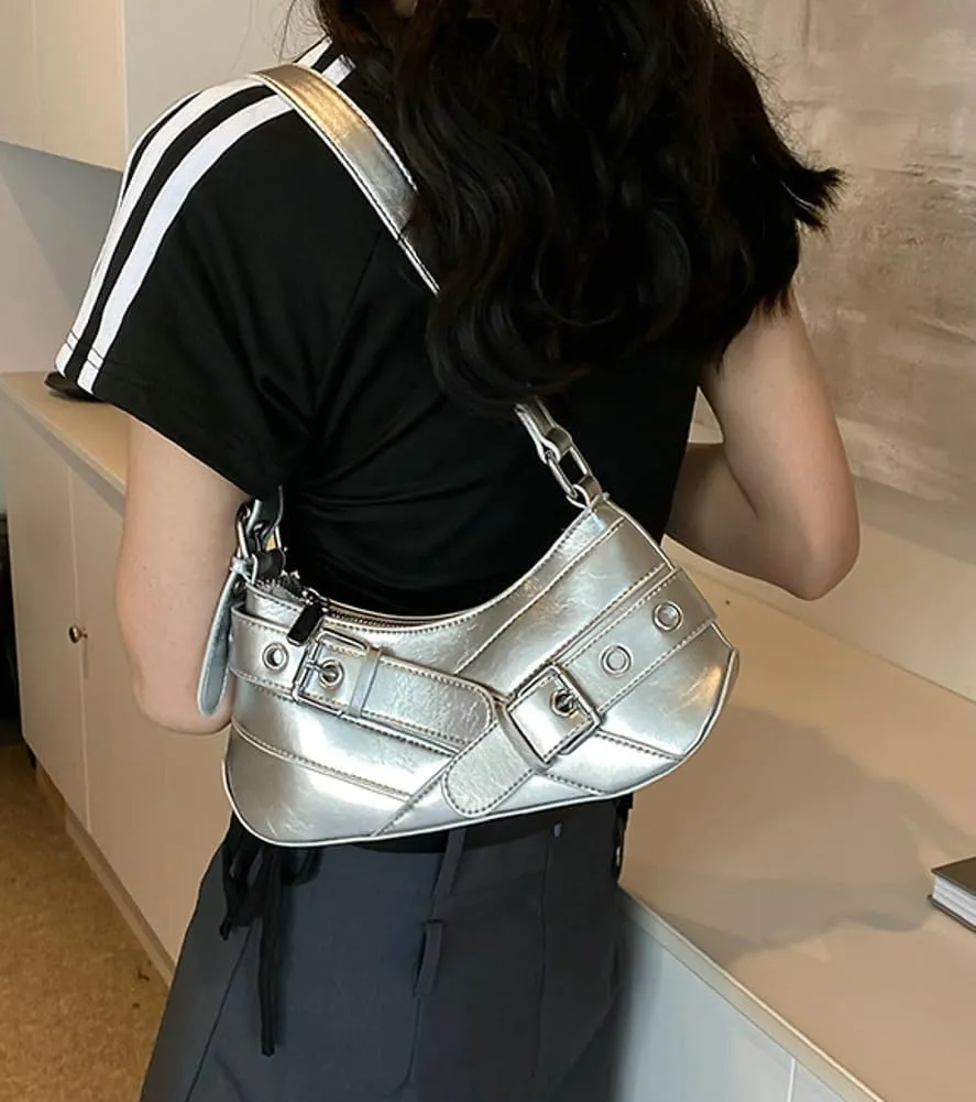 Y2K Purse for Women Buckle Punk Shoulder Bag Vegan Leather Crescent Clutch Red Purses 2025 Vintage Underarm Purse