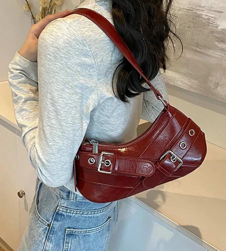 Y2K Purse for Women Buckle Punk Shoulder Bag Vegan Leather Crescent Clutch Red Purses 2025 Vintage Underarm Purse