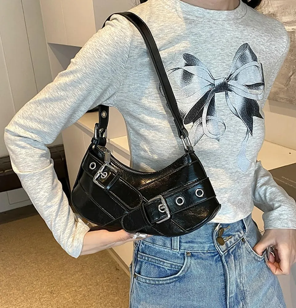 Y2K Purse for Women Buckle Punk Shoulder Bag Vegan Leather Crescent Clutch Red Purses 2025 Vintage Underarm Purse
