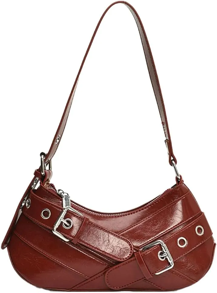 Y2K Purse for Women Buckle Punk Shoulder Bag Vegan Leather Crescent Clutch Red Purses 2025 Vintage Underarm Purse