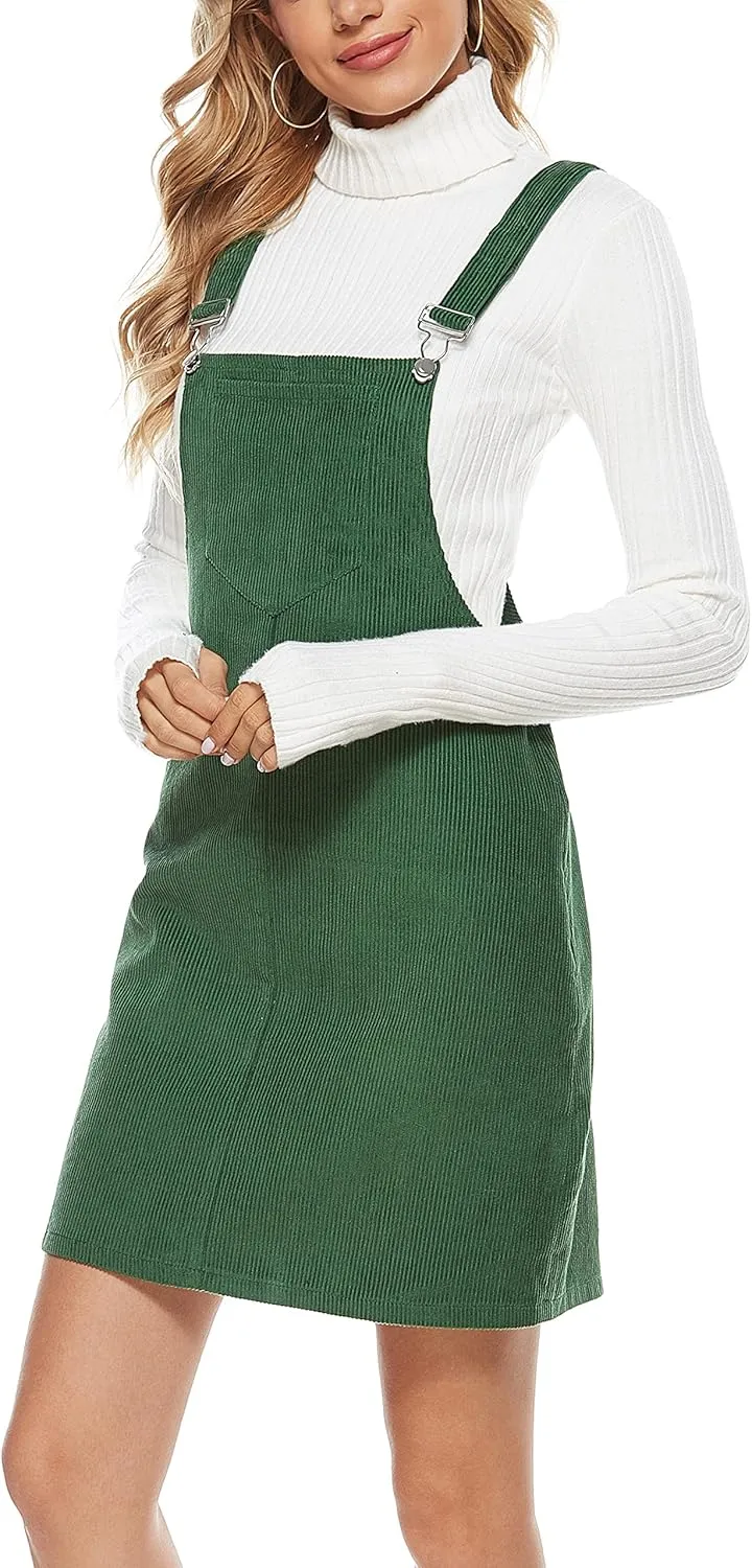 Yeokou Womens Casual Corduroy Bib Knee Length Overalls Pinafore Midi Dress Jumpsuit