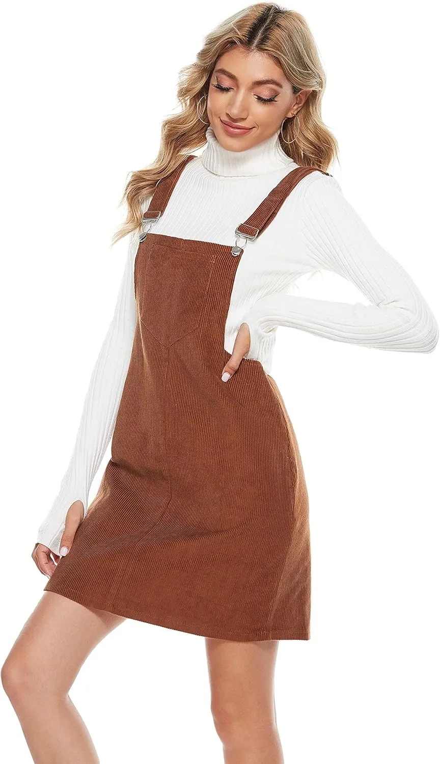 Yeokou Womens Casual Corduroy Bib Knee Length Overalls Pinafore Midi Dress Jumpsuit