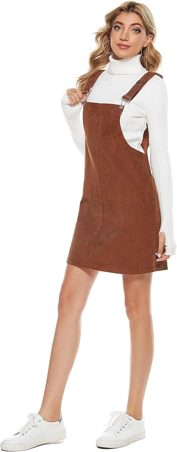Yeokou Womens Casual Corduroy Bib Knee Length Overalls Pinafore Midi Dress Jumpsuit