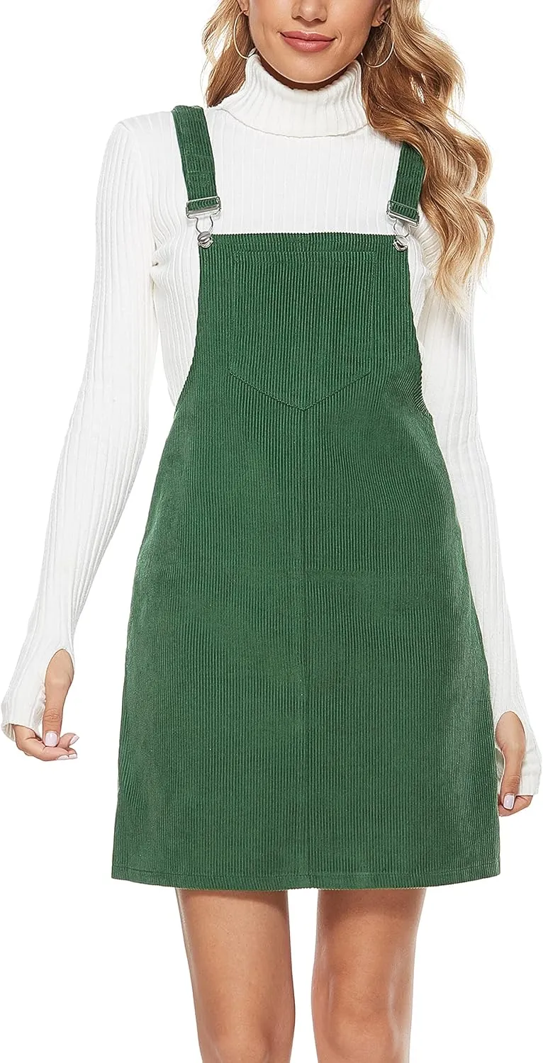 Yeokou Womens Casual Corduroy Bib Knee Length Overalls Pinafore Midi Dress Jumpsuit