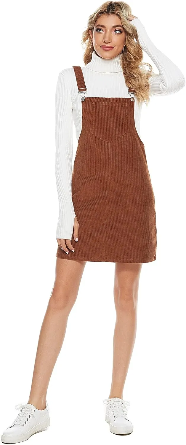 Yeokou Womens Casual Corduroy Bib Knee Length Overalls Pinafore Midi Dress Jumpsuit
