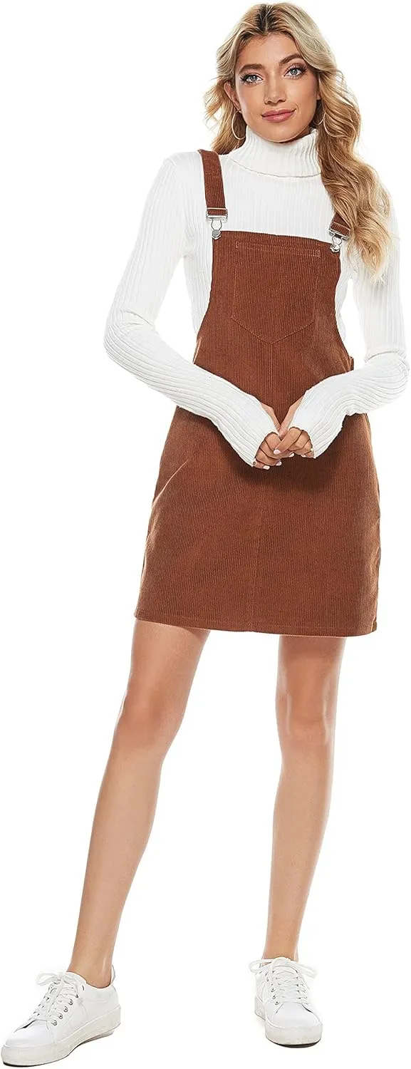Yeokou Womens Casual Corduroy Bib Knee Length Overalls Pinafore Midi Dress Jumpsuit