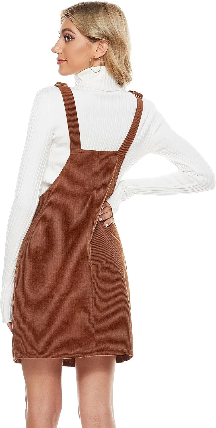 Yeokou Womens Casual Corduroy Bib Knee Length Overalls Pinafore Midi Dress Jumpsuit