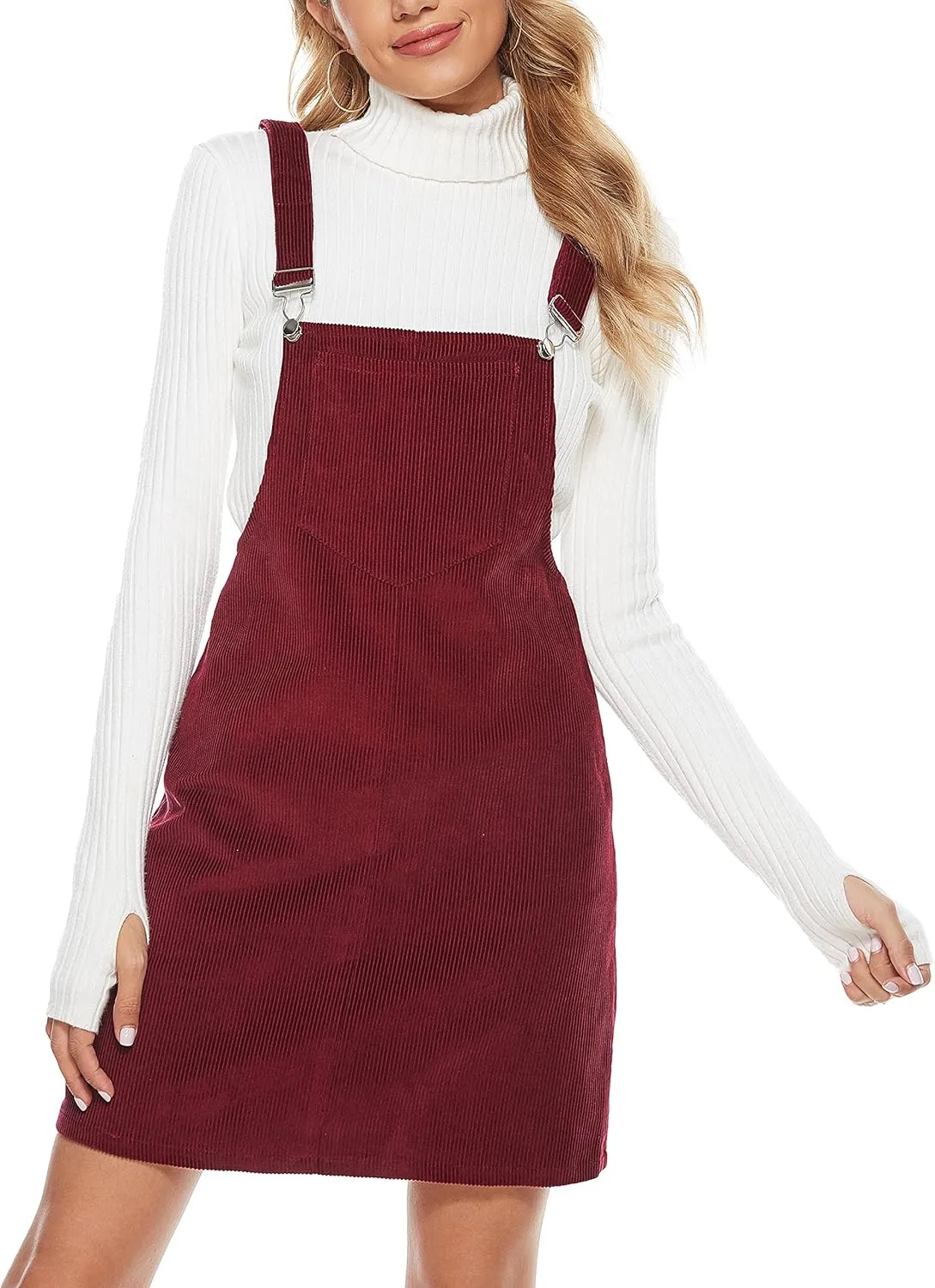 Yeokou Womens Casual Corduroy Bib Knee Length Overalls Pinafore Midi Dress Jumpsuit