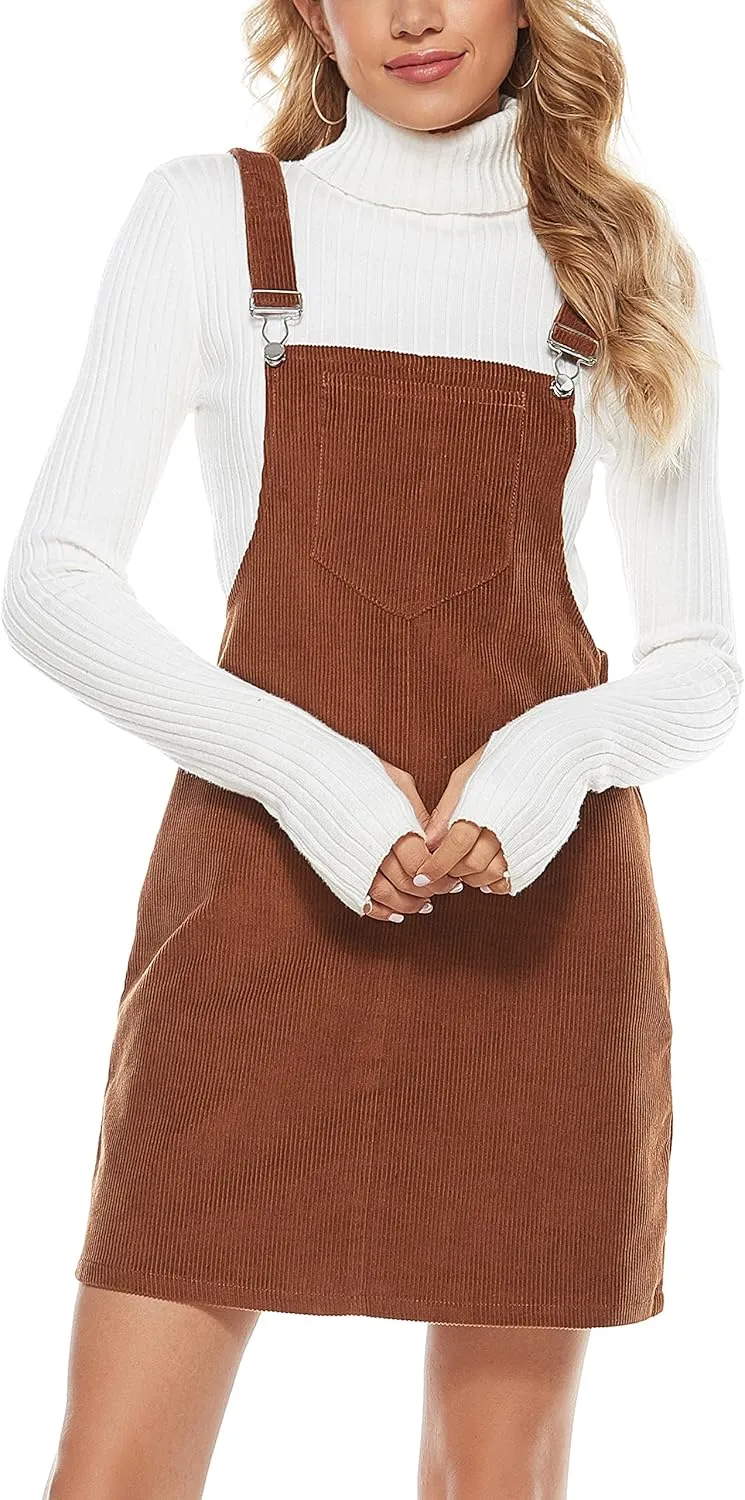 Yeokou Womens Casual Corduroy Bib Knee Length Overalls Pinafore Midi Dress Jumpsuit