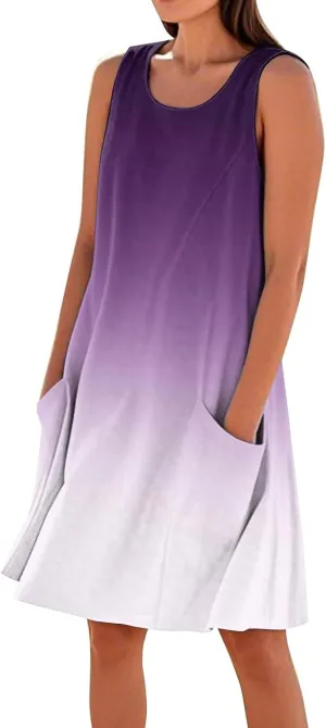 Yesunpxs Summer Dresses for Women 2025 U Neck Loose Tank Dress Sleeveless Casual T Shirt Dress Beach Sundresses with Pockets