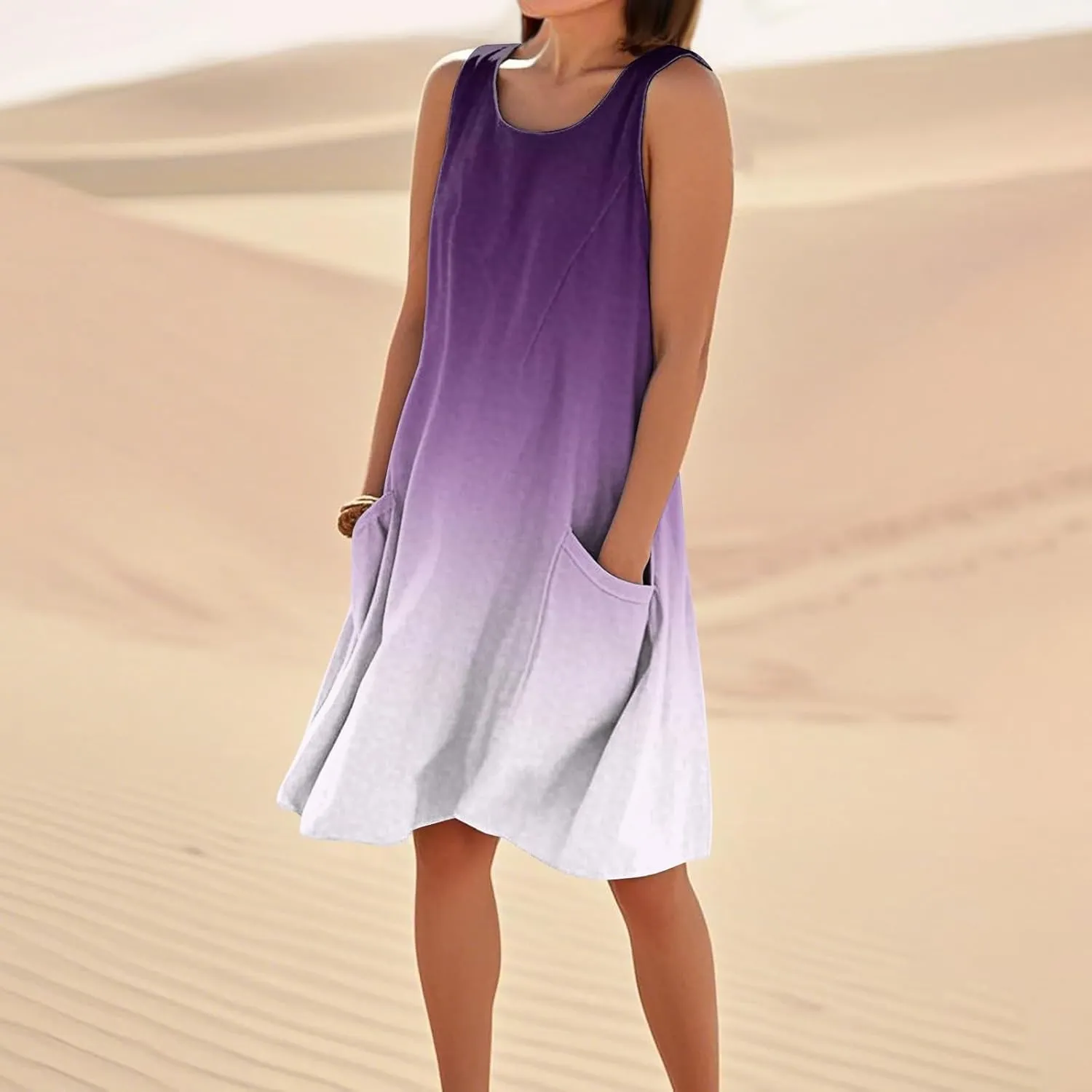 Yesunpxs Summer Dresses for Women 2025 U Neck Loose Tank Dress Sleeveless Casual T Shirt Dress Beach Sundresses with Pockets