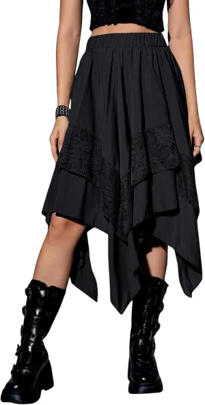 Yimoon Womens Renaissance Skirt Lace Tiered Asymmetrical Flowy Fairy Long Skirt High Waist Gothic Midi Skirts