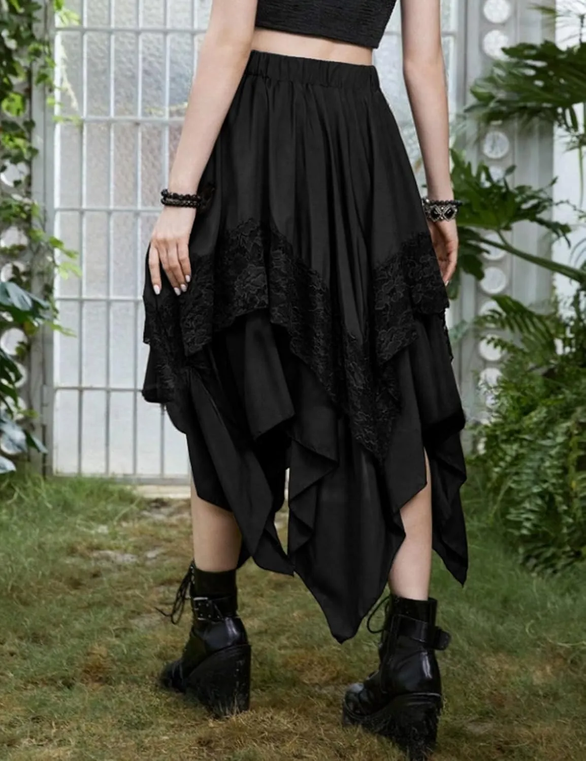 Yimoon Womens Renaissance Skirt Lace Tiered Asymmetrical Flowy Fairy Long Skirt High Waist Gothic Midi Skirts