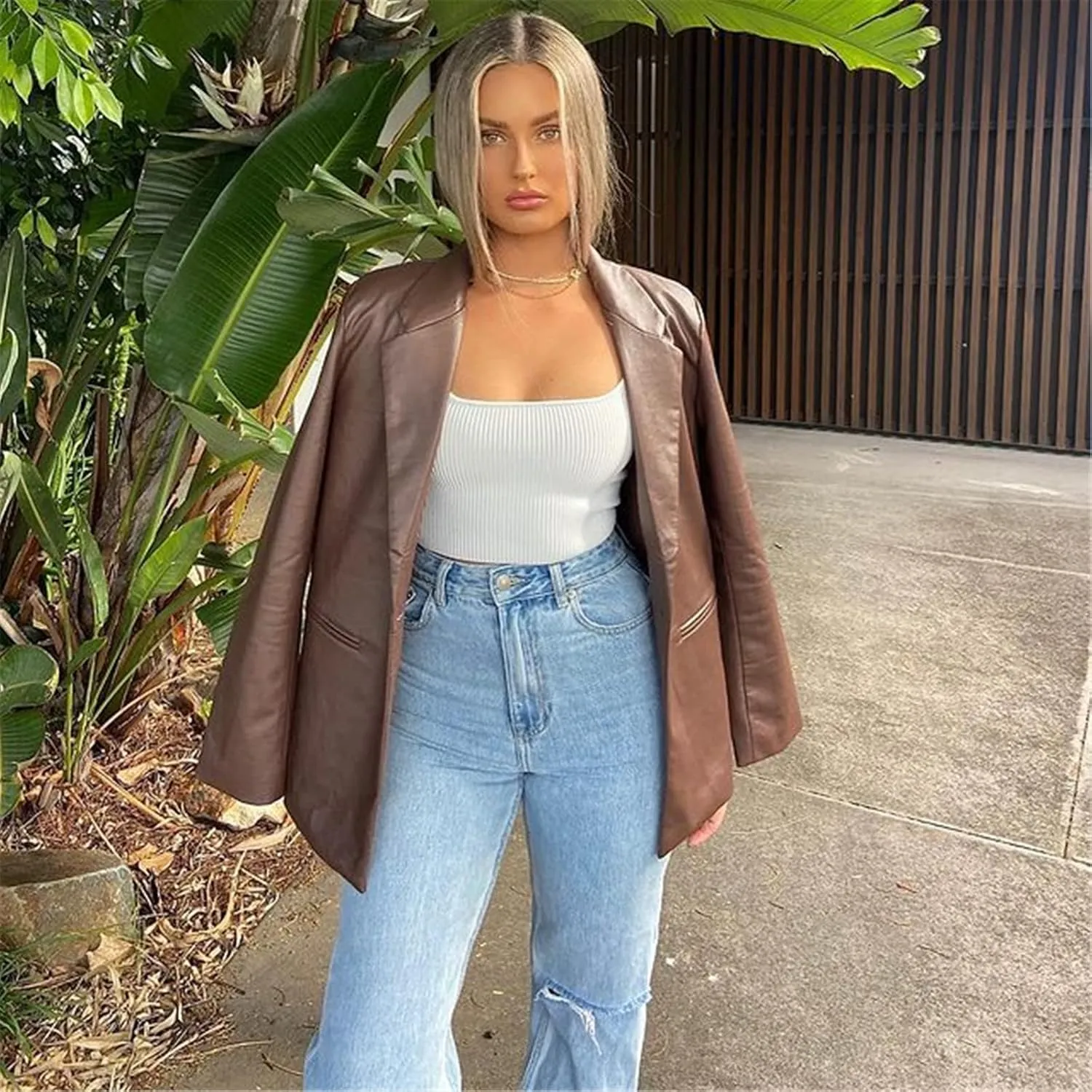 Yuemengxuan Women Faux Leather Blazer Vintage Lapel Boyfriend PU Jacket Long Sleeve Button Down Trench Coat Streetwear
