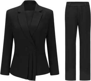 YUNCLOS Womens 2 Piece Suit Set Casual Double Breasted Irregular Hem Blazer Jacket Pants