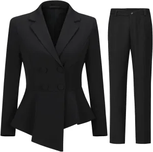 YUNCLOS Women's Double Breasted 2 Piece Suit Set 2 Button Blazer Jacket and Pants