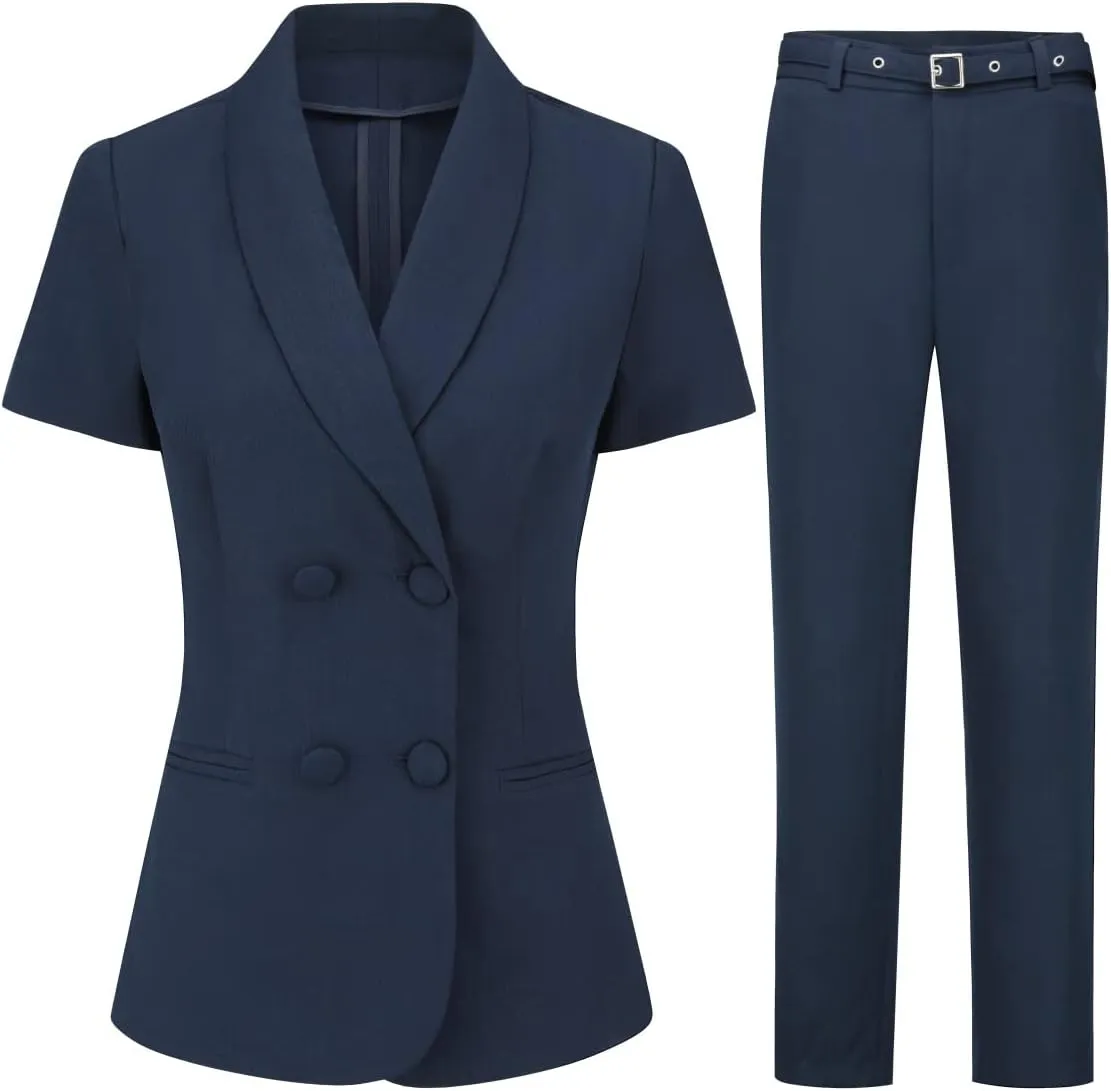 YYNUDA Women's Formal Suit Set Business Solid Double Breast Button Short Sleeve Blazer and Pants with Belt