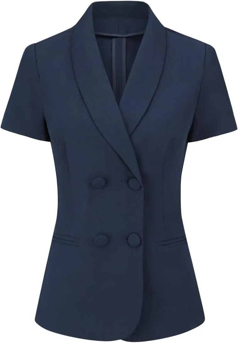 YYNUDA Women's Formal Suit Set Business Solid Double Breast Button Short Sleeve Blazer and Pants with Belt